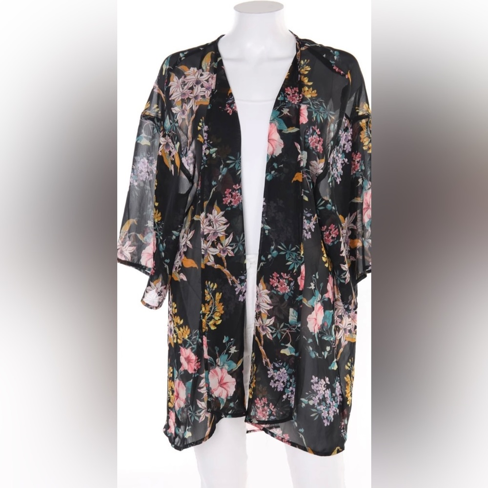 H&M Divided Sheer Kimono Black with Floral Print, Size XS